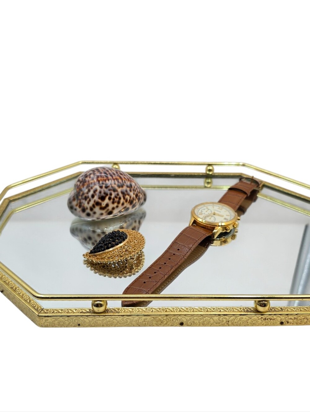 Vintage Gold Brass Octagon Mirrored Vanity Tray Hollywood Regency Filigree 13x9